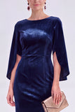 Velvet Bateau Neck Burgundy Midi Mother of the Bride Dress with Cape Sleeves