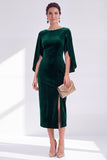 Velvet Bateau Neck Burgundy Midi Mother of the Bride Dress with Cape Sleeves