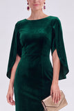 Velvet Bateau Neck Burgundy Midi Mother of the Bride Dress with Cape Sleeves