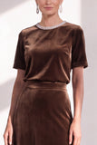 Coffee A Line Velvet Mother of the Bride Dress with Short Sleeves