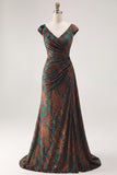 Dark Green Mermaid Ruched Burnout Velvet Mother of the Bride Dress with Cap Sleeves