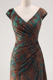 Dark Green Mermaid Ruched Burnout Velvet Mother of the Bride Dress with Cap Sleeves