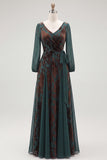 Dark Green A Line Burnout Velvet Long Sleeve Mother of the Bride Dress