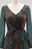 Dark Green A Line Burnout Velvet Long Sleeve Mother of the Bride Dress