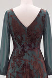 Dark Green A Line Burnout Velvet Long Sleeve Mother of the Bride Dress