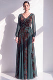 Dark Green A Line Burnout Velvet Long Sleeve Mother of the Bride Dress