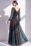 Dark Green A Line Burnout Velvet Long Sleeve Mother of the Bride Dress