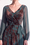 Dark Green A Line Burnout Velvet Long Sleeve Mother of the Bride Dress