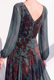 Dark Green A Line Burnout Velvet Long Sleeve Mother of the Bride Dress