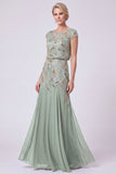 Green Beaded Sequin A Line Mother of the Bride Dress with Cap Sleeves