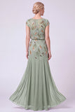 Green Beaded Sequin A Line Mother of the Bride Dress with Cap Sleeves