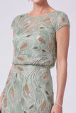 Green Beaded Sequin A Line Mother of the Bride Dress with Cap Sleeves