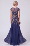 Green Beaded Sequin A Line Mother of the Bride Dress with Cap Sleeves