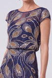 Green Beaded Sequin A Line Mother of the Bride Dress with Cap Sleeves