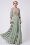 Navy A Line Chiffon Beaded Sequin Mother of the Bride Dress with 3/4 Sleeves