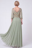 Navy A Line Chiffon Beaded Sequin Mother of the Bride Dress with 3/4 Sleeves