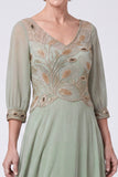 Navy A Line Chiffon Beaded Sequin Mother of the Bride Dress with 3/4 Sleeves