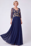 Navy A Line Chiffon Beaded Sequin Mother of the Bride Dress with 3/4 Sleeves