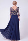 Navy A Line Chiffon Beaded Sequin Mother of the Bride Dress with 3/4 Sleeves