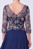 Navy A Line Chiffon Beaded Sequin Mother of the Bride Dress with 3/4 Sleeves
