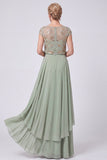 Chiffon A Line Beaded Sequin Green Mother of the Bride Dress with Cap Sleeves