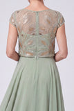 Chiffon A Line Beaded Sequin Green Mother of the Bride Dress with Cap Sleeves