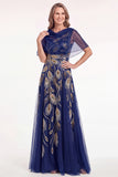 Elegant Beaded Sequin A Line Navy Mother of the Bride Dress with Capelet