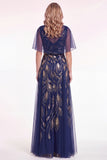 Elegant Beaded Sequin A Line Navy Mother of the Bride Dress with Capelet