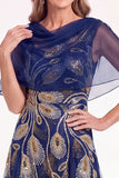 Elegant Beaded Sequin A Line Navy Mother of the Bride Dress with Capelet