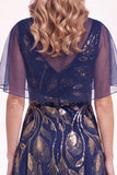 Elegant Beaded Sequin A Line Navy Mother of the Bride Dress with Capelet