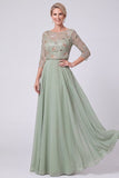 Green A Line Beaded Sequin Chiffon Mother of the Bride Dress with 3/4 Sleeves