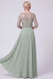 Green A Line Beaded Sequin Chiffon Mother of the Bride Dress with 3/4 Sleeves