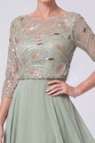 Green A Line Beaded Sequin Chiffon Mother of the Bride Dress with 3/4 Sleeves