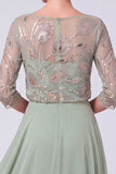 Green A Line Beaded Sequin Chiffon Mother of the Bride Dress with 3/4 Sleeves