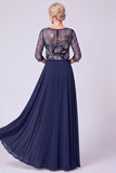 Green A Line Beaded Sequin Chiffon Mother of the Bride Dress with 3/4 Sleeves
