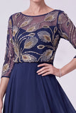 Green A Line Beaded Sequin Chiffon Mother of the Bride Dress with 3/4 Sleeves