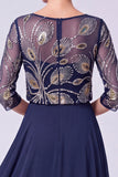 Green A Line Beaded Sequin Chiffon Mother of the Bride Dress with 3/4 Sleeves