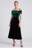 Off the Shoulder Dark Green and Black Velvet A Line Semi-Formal Dress
