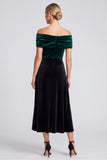 Off the Shoulder Dark Green and Black Velvet A Line Semi-Formal Dress