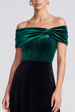Off the Shoulder Dark Green and Black Velvet A Line Semi-Formal Dress