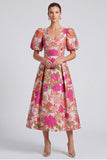 Pink Floral Jacquard A Line V Neck Midi Wedding Guest Dress with Puff Sleeves