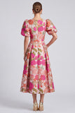Pink Floral Jacquard A Line V Neck Midi Wedding Guest Dress with Puff Sleeves