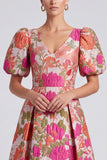 Pink Floral Jacquard A Line V Neck Midi Wedding Guest Dress with Puff Sleeves