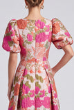 Pink Floral Jacquard A Line V Neck Midi Wedding Guest Dress with Puff Sleeves