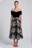 Off the Shoulder Black Floral A Line Midi Wedding Guest Dress