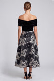Off the Shoulder Black Floral A Line Midi Wedding Guest Dress