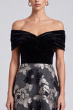 Off the Shoulder Black Floral A Line Midi Wedding Guest Dress