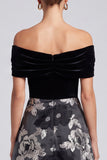 Off the Shoulder Black Floral A Line Midi Wedding Guest Dress