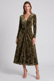 Burnout Velvet Olive Long Sleeve Ruched V-Neck A Line Formal Dress