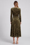 Burnout Velvet Olive Long Sleeve Ruched V-Neck A Line Formal Dress